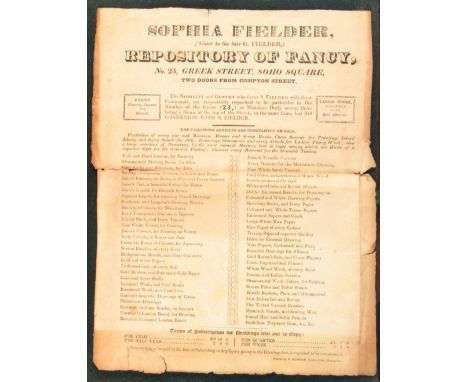 A printed hand bill for 'Sophia Fielding (Sister to the late G. Fielder) Repository of Fancy, No 23 Greek Street, Soho Square