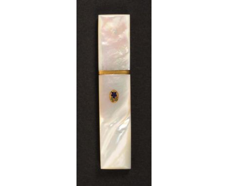 A Palais Royal mother of pearl needle case, of rectangular form with gilt metal ferrule, one side with oval gilt metal and en
