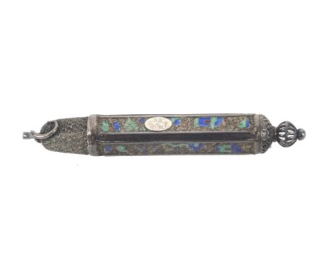 An unusual late 18th Century/early 19th Century Chinese silver needle case, of square section, each with a panel of filigree 