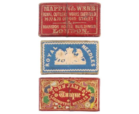 Three needle packet boxes, comprising a red leather example tooled in gilt with colour onlays and inscribed 'John James' Uniq