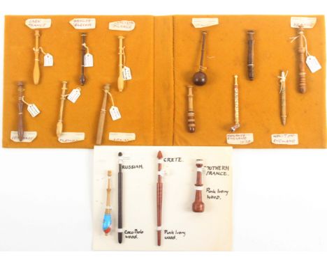 Two mounted displays of lace bobbins, comprising a card of four wooden examples with countries of origin, largest 15cms, and 
