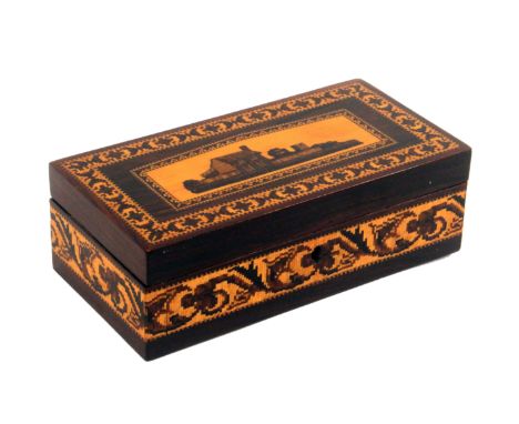 A scarce rosewood Tunbridge ware rectangular box, the lid with an inset mosaic panel of a cottage with door and three windows