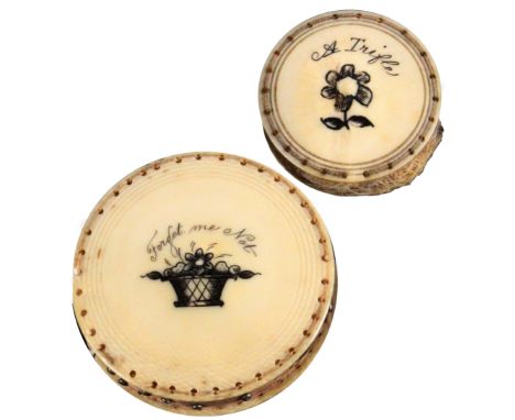 Two early 19th Century ivory disc form pin cushions, comprising an example engraved to one side with a basket of flowers and 