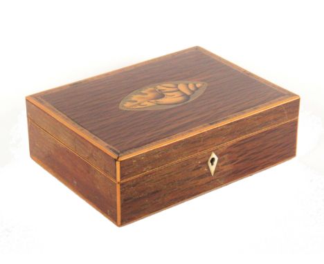 A Georgian partridge wood and inlaid small format sewing box, of rectangular form, the top inlaid with an oval conche shell w