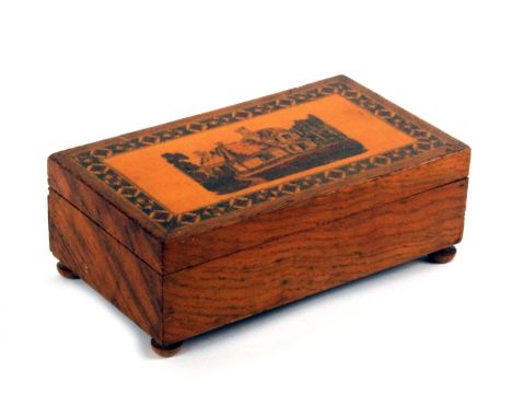 A late Tunbridge ware figured oak card box, of rectangular form, the lid with an inset mosaic panel of a thatched cottage wit