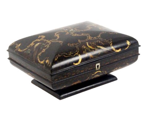 An unusual format and particularly well fitted papier mâché sewing box, circa 1830, the box of rectangular cushion form raise