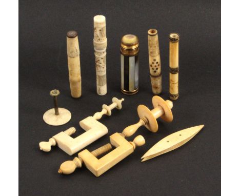 A mixed lot - sewing, mostly 19th Century ivory and bone pieces comprising two rectangular frame ivory clamps, one lacking fi