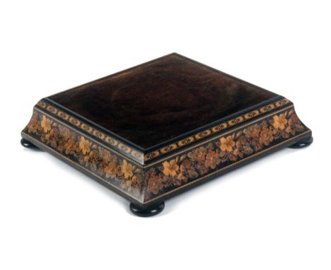 An unusual Tunbridge ware stand by Thomas Barton, of square form raised on four rosewood bun feet, the concave sides inlaid w