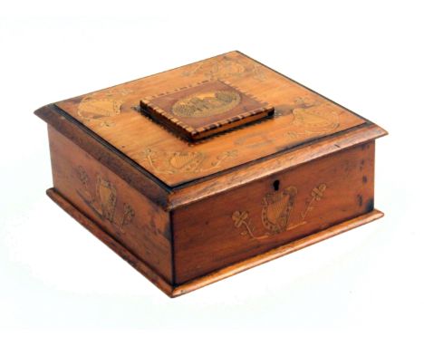 A mid 19th Century Killarney ware arbutus wood box, the sides and front inlaid with harps and shamrocks, the hinged lid with 