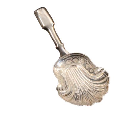 A silver caddy spoon, the shell form bowl with bright cut border and fiddle pattern handle, Birmingham, 1866 by Hilliard and 