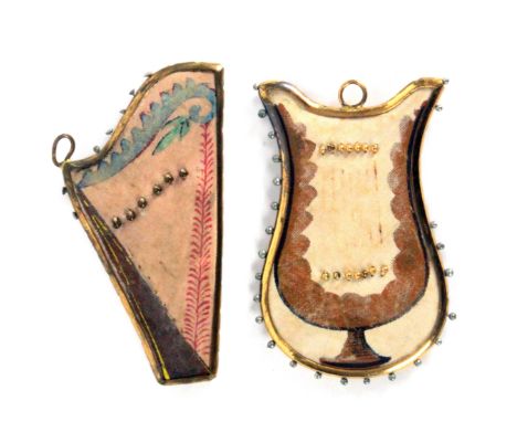 Two scarce metal frame early 19th Century pin retainers modelled as a harp and a lyre, each with gilt brass pin stuck outer f