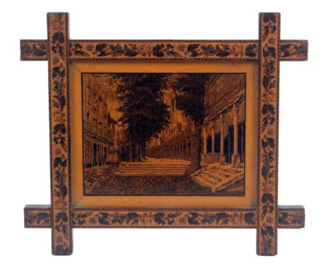 A fine Tunbridge ware mosaic view of the Pantiles, probably by Henry Hollamby, contained in a Tunbridge ware Oxford style fra
