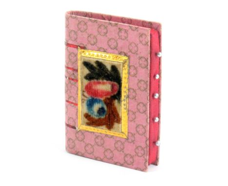 A good early 19th Century book form emery, in geometric printed pink paper each cover with a painted floral velvet panel with