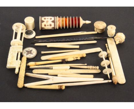 19th Century ivory and bone sewing items, comprising a Chinese carved ivory sewing clamp, 15cms, a similar cylinder needle ca