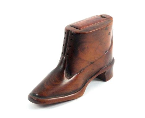 An unusual Boer War P.O.W. shoe form snuff box, in cedar wood with carved details, rounded toe, replacement sliding lid, the 