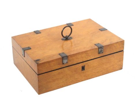 A French burr maple and steel mounted rectangular sewing box, circa 1850, the lid with central ring carrying handle and six s