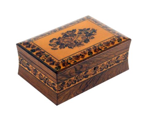 A rosewood Tunbridge ware jewellery box, of rectangular form, the concave sides with a band of floral mosaic (very minor loss