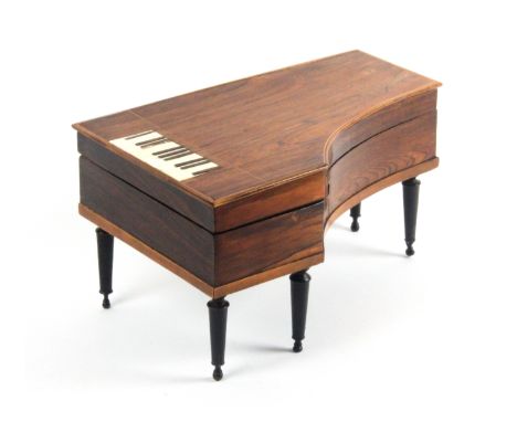 A mid 19th Century French musical sewing box in the form of a grand piano, the rosewood case with line inlay and ebony and iv