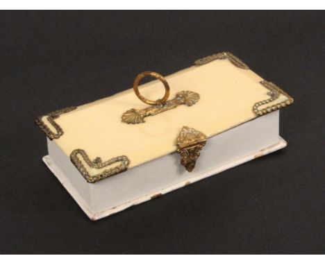A brass mounted card sewing box for a child, circa 1870, of rectangular form, the cloth lined interior with four bone tools a