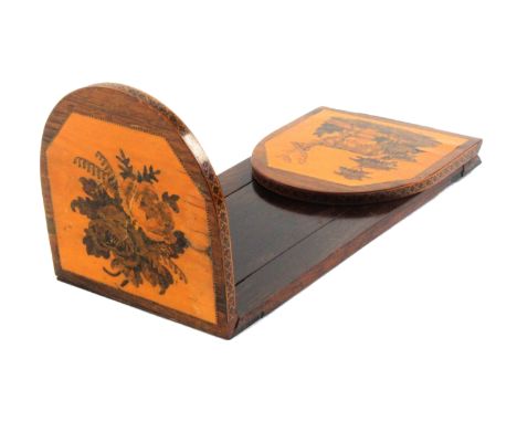 A rosewood Tunbridge ware book slide, curved hinged ends, one with inset panel of a stag in a wooded landscape, the other wit
