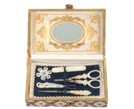 A late Palais Royal paper covered small format sewing box of rectangular form, pressed brass carrying handle and catch, the l