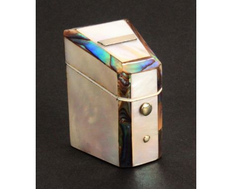 A good mother of pearl slant top needle packet and thimble box, with ceramic thimble, the box with canted edges in abalone sh
