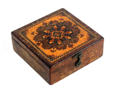 A Tunbridge ware rosewood cased compass, of square form the hinged lid with a panel of geometric mosaic, swivel brass catch, 