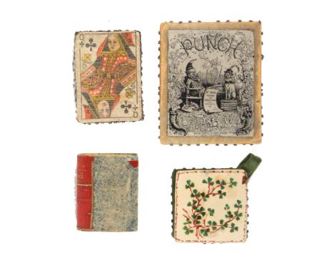 Four pin cushions and cards, comprising a rectangular example with silk panel for Punch Magazine Vol. No. 2060, 1881, 6cms, a