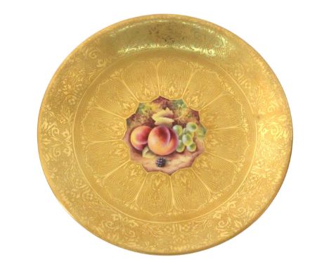 Royal Worcester - an acid gold decorated dessert plate, with fruit painted centre signed 'T. Nutt', 24cms dia. in Royal Worce