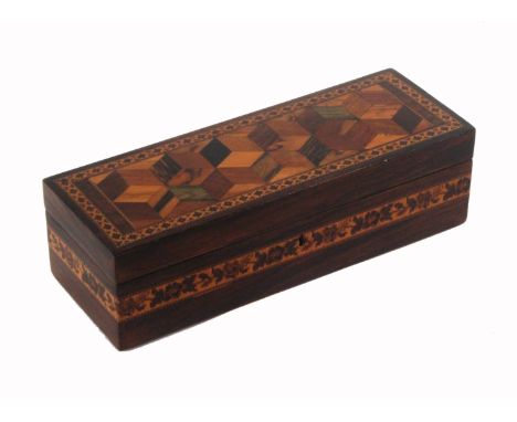 A rosewood Tunbridge ware rectangular box, the lid with a panel of cube work within a geometric mosaic border, the sides with