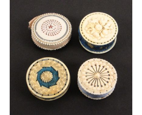 &nbsp;Four 19th Century bone and ivory disc form pin cushions, comprising a bone example with carved decoration and material 