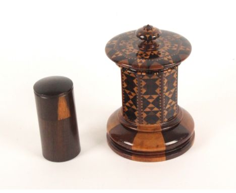 An attractive Tunbridge ware desk inkwell, the alternate wood turned circular base below an octagonal body with panels of sti