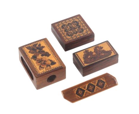 Tunbridge ware - four pieces, comprising a mahogany match box holder, one side with a floral mosaic panel, 6.2cms, a rosewood