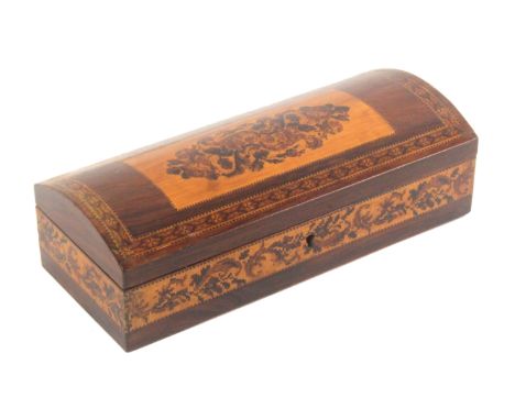 A rosewood Tunbridge ware netting box, of rectangular form, the sides with a border of floral scroll mosaic, the dome top lid