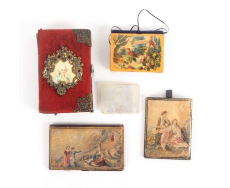 Five 19th Century needle books, comprising two with Baxter style colour prints, one of book form with numerical interior, 8.8