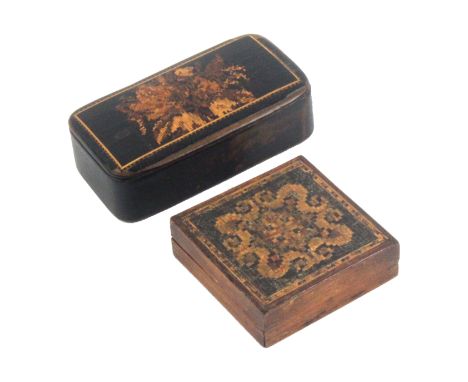 Two Tunbridge ware boxes, comprising a papier mache snuff box the lid with a fine inset mosaic floral panel, wear to edges, 7
