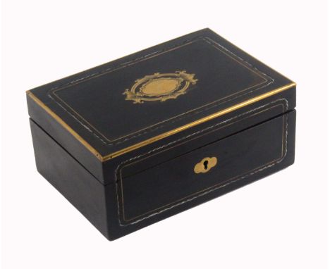 A mid 19th Century French ebonised sewing box, of rectangular form, the lid and front with brass and white metal line inlays,