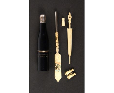 Stanhopes - five, comprising a bottle form three piece novelty pipe, (Court of Honour - Imperial and International Exhibition