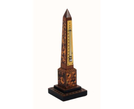 A Tunbridge ware obelisk form desk thermometer, the stepped base with bands of mosaic the pedestal with three panels of flora