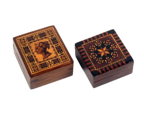 Two rosewood Tunbridge ware stamp boxes, comprising a rectangular example, the lid in very fine mosaic with the head of young