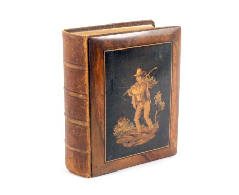 A Sorrento ware photograph album, circa 1880, leather spine, the cover with a marquetry panel of a man carrying a basket on a