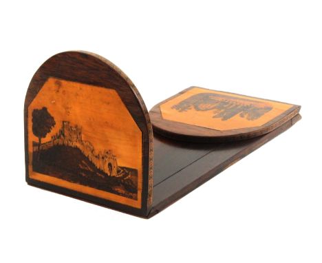 A rosewood Tunbridge ware book slide, each arched hinged end with a mosaic panel, one depicting Muckross Abbey, the other Dov