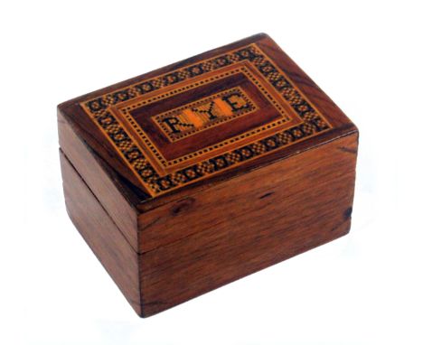 A Tunbridge ware mahogany box, the pull off lid with a central mosaic panel 'RYE' within mosaic borders, 7.7 x 5.7 x 4.5cms.&