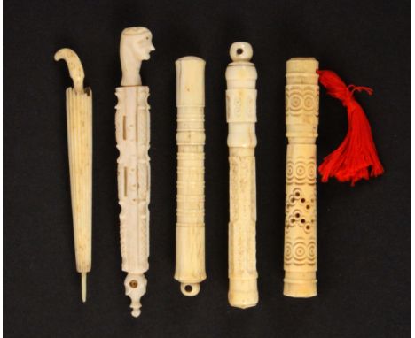 Five 19th Century bone and ivory needle cases, comprising an example as a furled umbrella, losses to top edge, 10.2cms, a squ