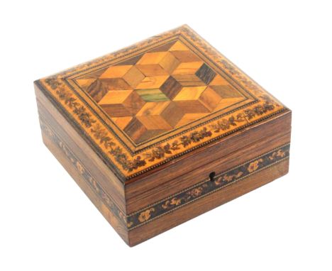 A Tunbridge ware rosewood handkerchief box, the sides with a band of floral mosaic, the cushion lid with a panel of cube work