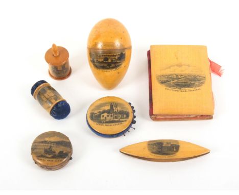 Mauchline ware - sewing, seven pieces comprising a needle book (Coutainville - Manche), 8cms, a cylinder tape measure (Canter