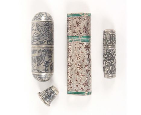 Three silver bodkin and needle cases, comprising a niello decorated cylinder example with domed ends, containing a conforming