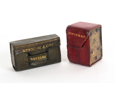 A leather needle packet box and a similar leather thimble case, the first in tooled green leather in the form of a miniature 