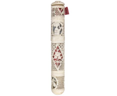 A fine late 18th Century French ivory cylinder form etui, elaborately pierced with trellis pattern and with pierced and carve