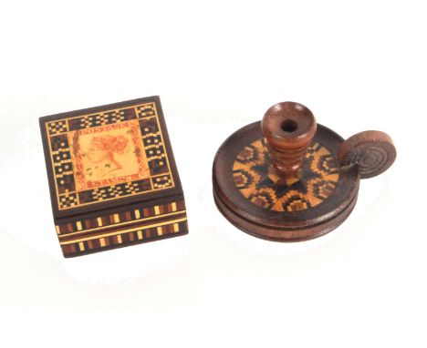 Tunbridge ware - two pieces, comprising a rectangular stamp box the lid with print of young Victoria and titled 'Postage Stam